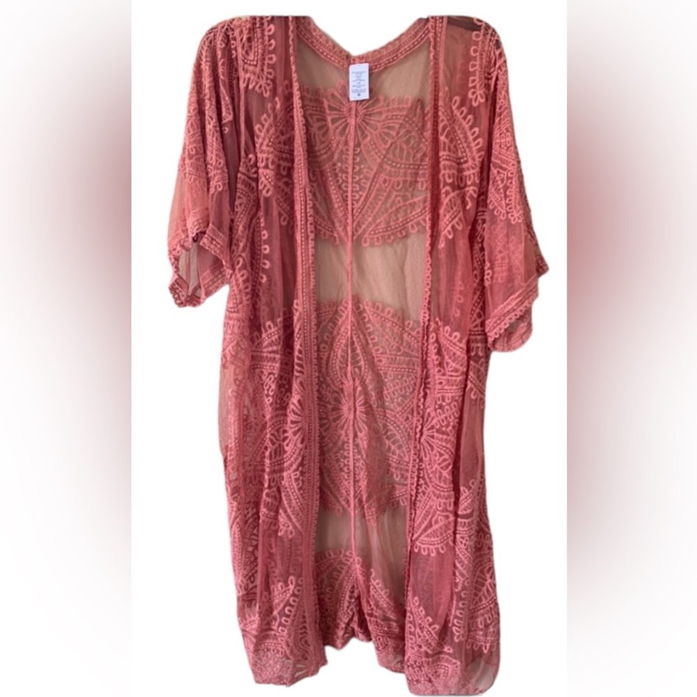 Women’s Pink/Peony Long Lace Cover Up Kimono SIZE L NWT